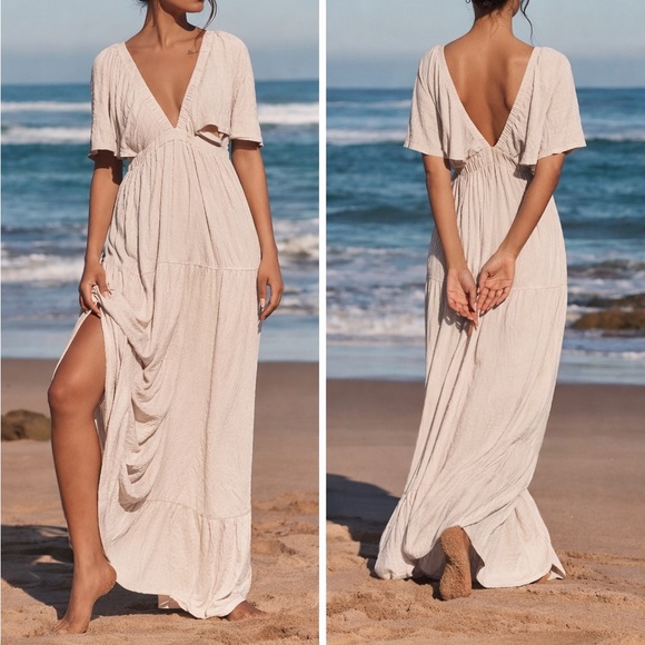 Free People Dresses & Skirts - Free People La La Maxi Dress FP Beach Beige Flutter Sleeve Open Back - Size S